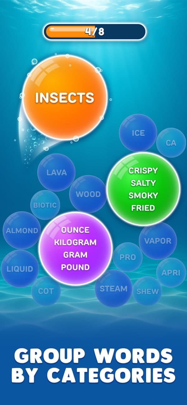Bubble Word Jam gameplay screenshot with bubble words and category sorting puzzles