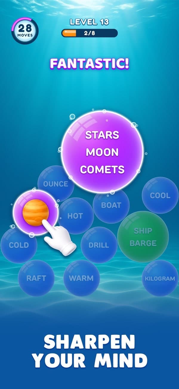 Bubble Word Jam gameplay screenshot with bubble words and category sorting puzzles