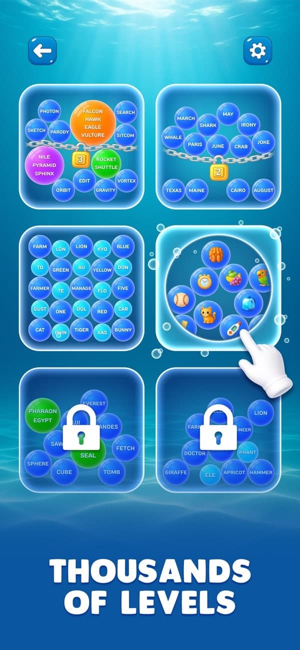 Bubble Word Jam gameplay screenshot with bubble words and category sorting puzzles