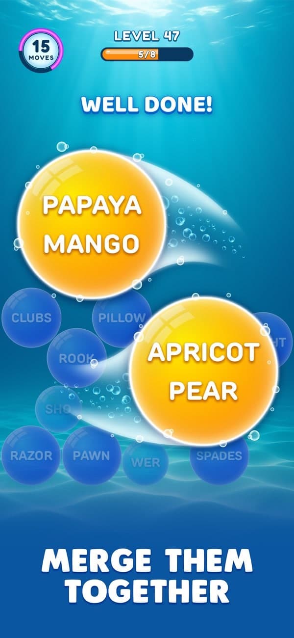 Bubble Word Jam gameplay screenshot with bubble words and category sorting puzzles